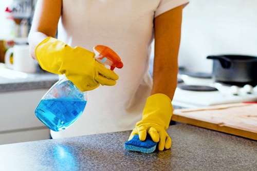 Cleaner wearing PPE during a carpet cleaning service in Alperton