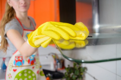 Close-up of safe carpet cleaning equipment and protective gloves during use