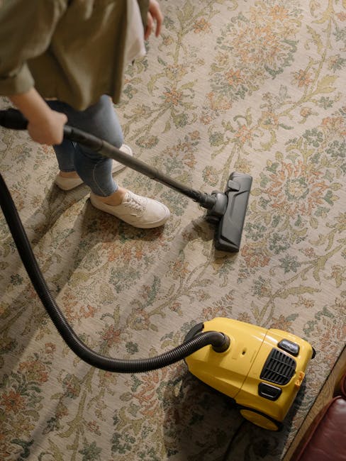 A close-up view of a vacuum cleaner with a transparent dust container filled with debris, positioned on a light pink carpeted floor in a domestic setting. The vacuum has a black base and a red top, wi